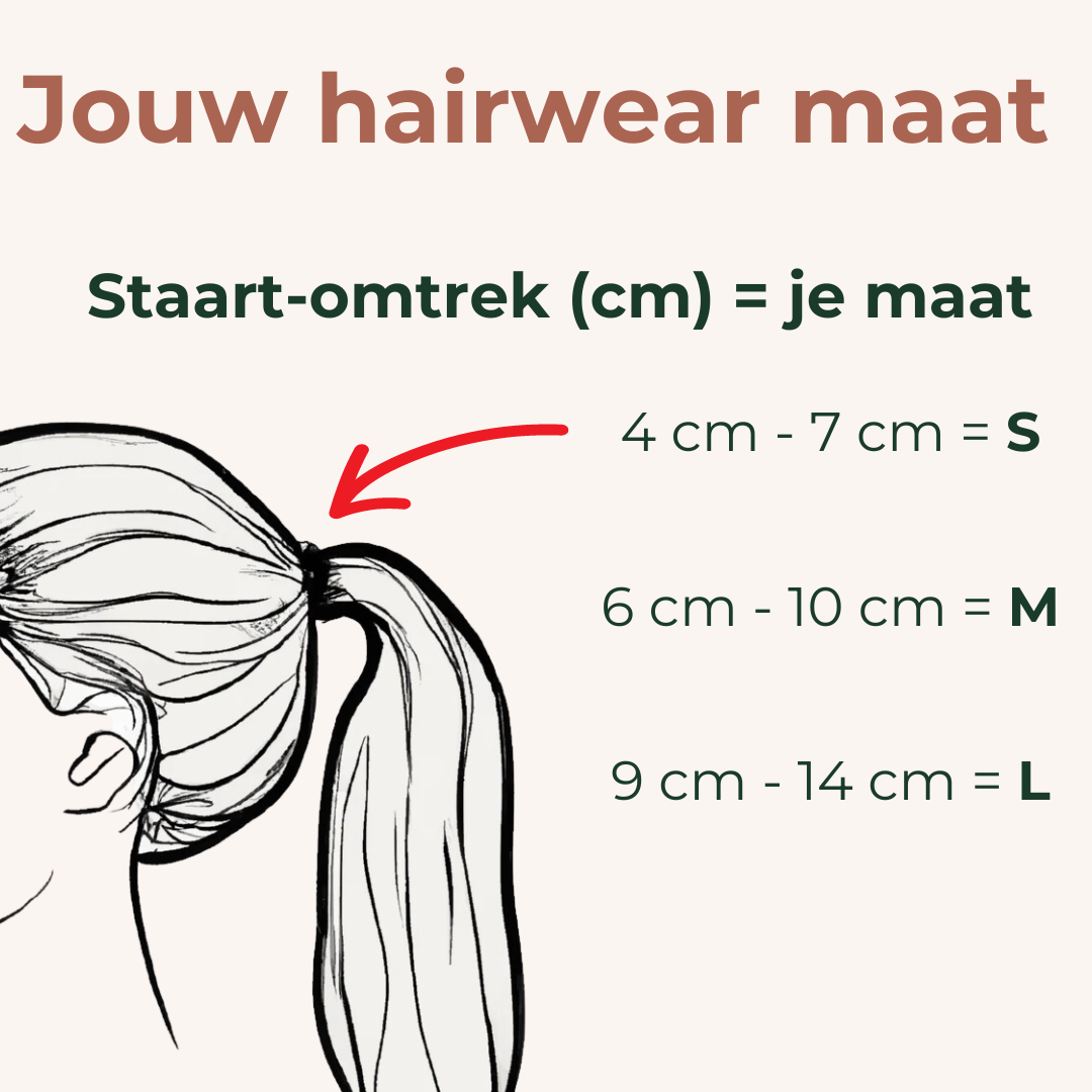 Een illustratie met als titel ” jouw hairwear maat’. Geeft aan welke staart-dikte correspondeert met onze maten. Voor 4cm-7cm past een small het beste, voor 6cm-10cm een medium, en bij 9-14 c kies je een large.
