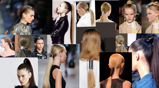 Collage high fashion beelden van catwalk modellen tijdens shows met leer in hun haar. Haarstyling met leer; het haar is vastgezet in allerlei soorten (paarden)staarten met leer.