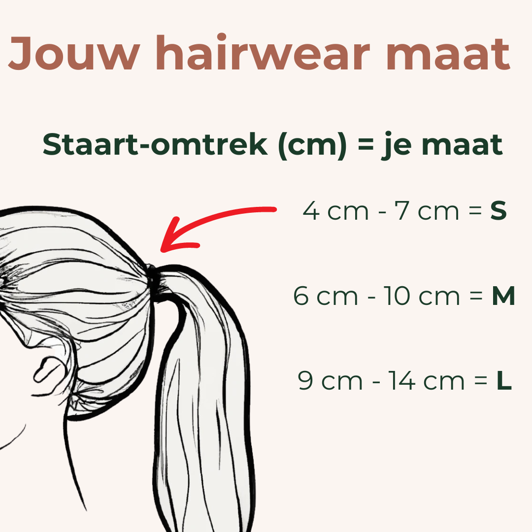 Een illustratie met als titel ” jouw hairwear maat’. Geeft aan  welke staart-dikte correspondeert met onze maten. Voor 4cm-7cm past een small het beste, voor 6cm-10cm een medium, en bij 9-14 c kies je een large.  