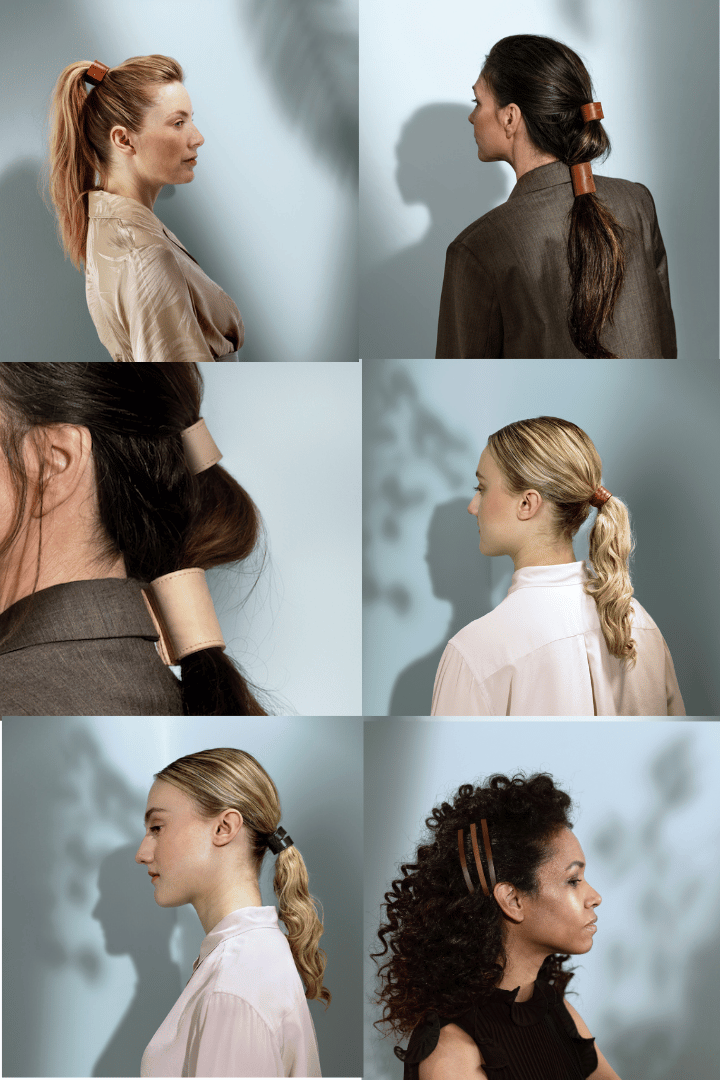 Overzichtsbeeld met 6 fotos met fashionmodellen met verschillende kleuren en diktes haar, met verschillende hairwear producten in verschillende maten.